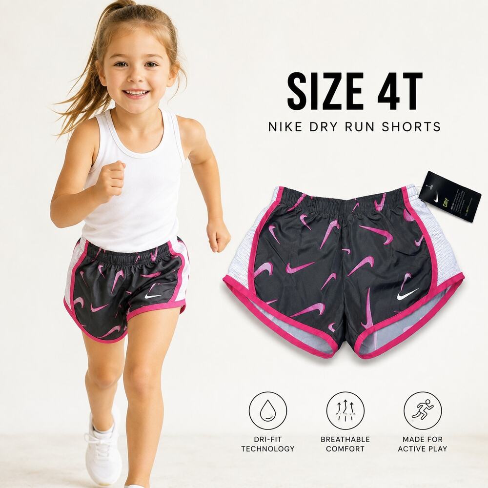 Nike Dri Fit Girls 4T Run Shorts Pink Black Sporty Activewear Tenniscore Summer